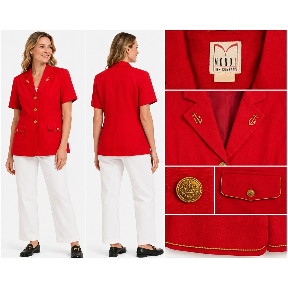 Mondi Blazer Women 8 Red Short Sleeve Nautical Anchor Gold Button Jacket Classic